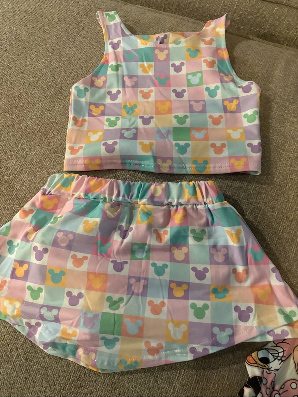 Pastel Mickey Print Two-Piece Crop Top and Skirt Set
